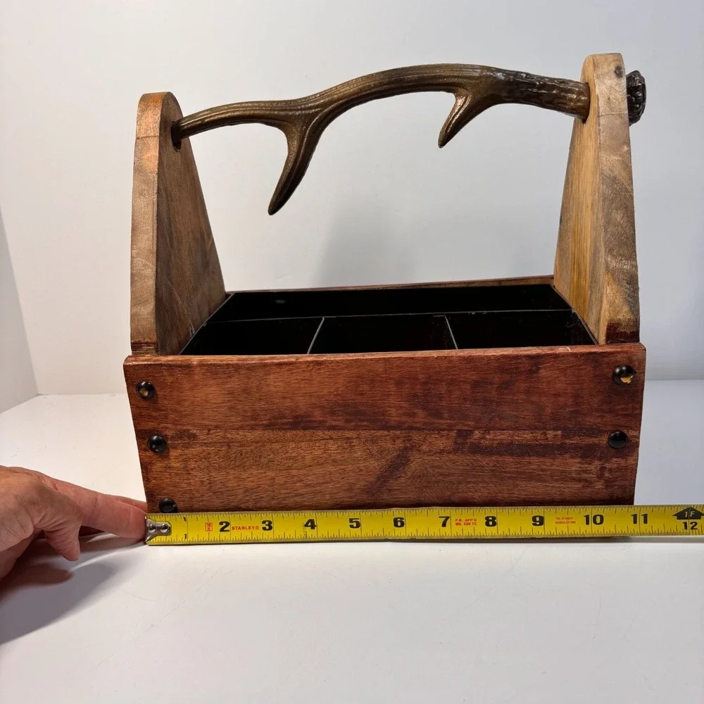 Rustic Pine Wooden Tote Box Antler Handle Primitive Farmhouse Tool Utensil Caddy